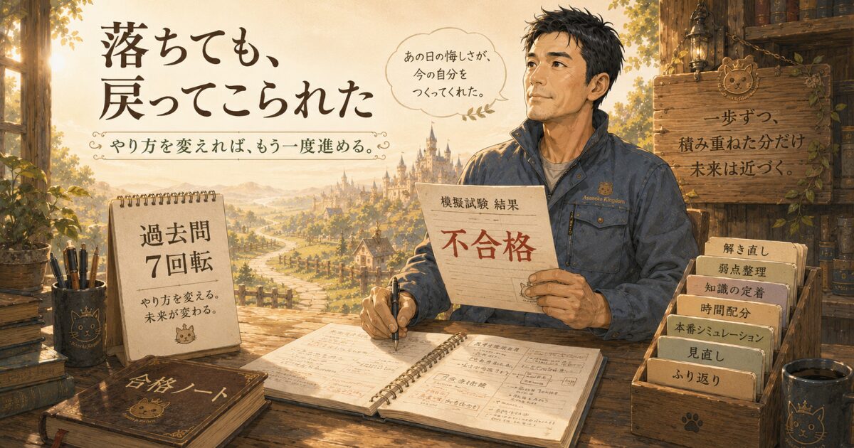 給水装置工事主任技術者の試験に一度落ちたあと過去問7回転で学習法を見直す設備職男性の画像