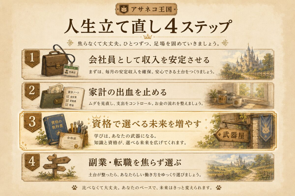 会社員収入の安定、家計の止血、資格で選択肢を増やす、副業転職を焦らず選ぶ人生立て直し4ステップ図解