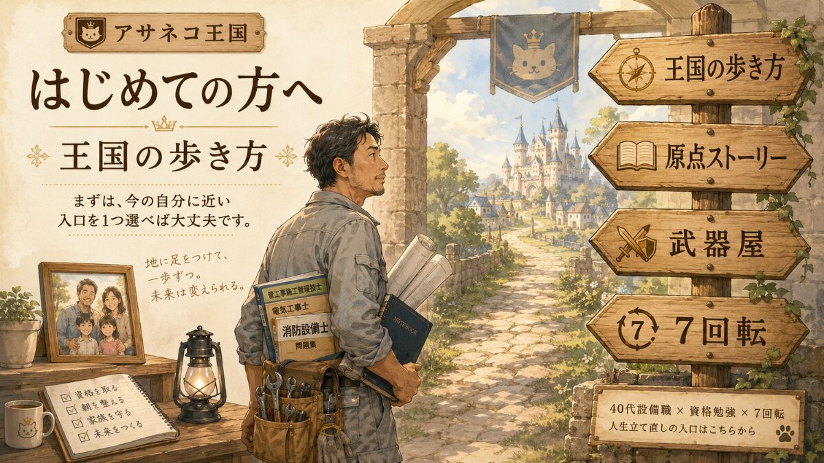 40代設備職が資格勉強と朝活で足場を固め、王国の歩き方・原点ストーリー・武器屋・7回転へ進むはじめての方向け案内画像