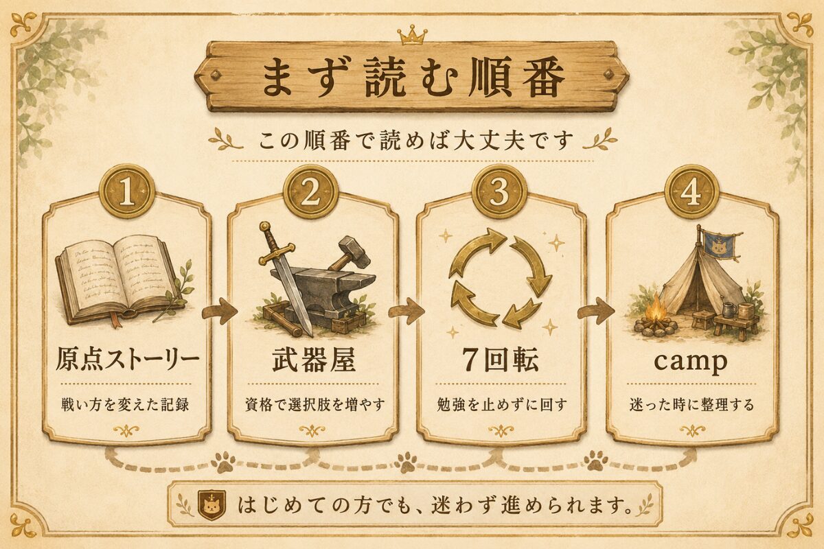 アサネコ王国を初めて読む人向けに、原点ストーリー・武器屋・7回転・campの順番を示す案内図