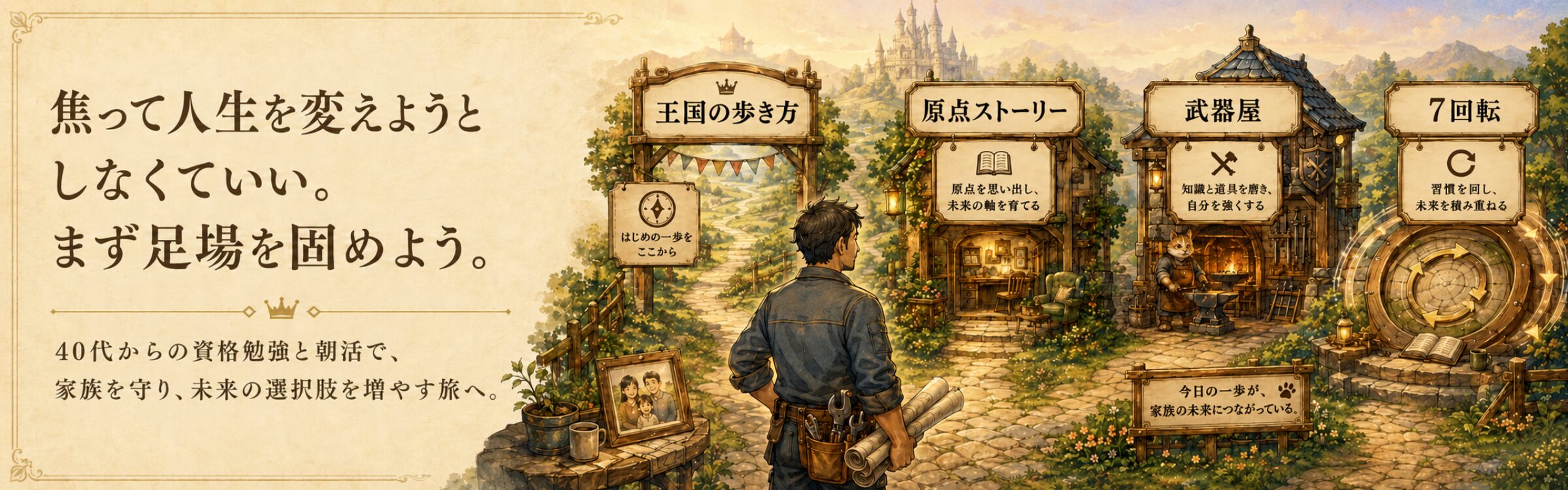 アサネコ王国のトップ画像。40代家族持ちが、収入・家計・資格・暮らしの4つの足場を整え、焦らず人生を立て直すための案内所を表す王国風イラスト