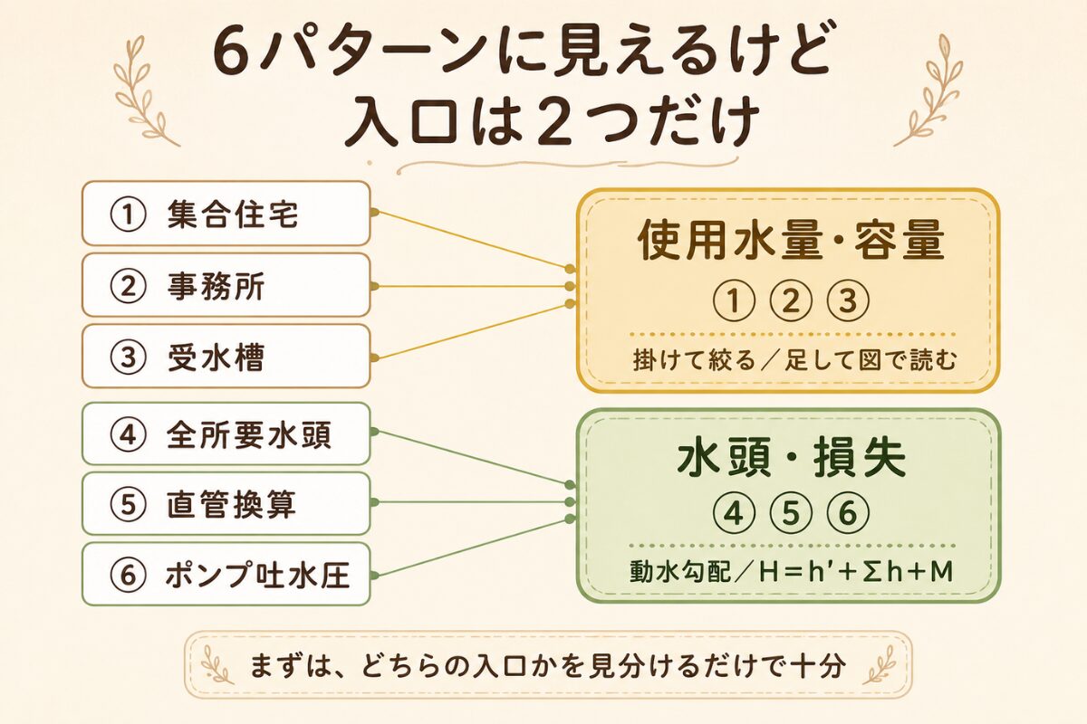 給水装置計画論の6パターンを、使用水量容量グループと水頭損失グループの2系統に分けた見分けマップ