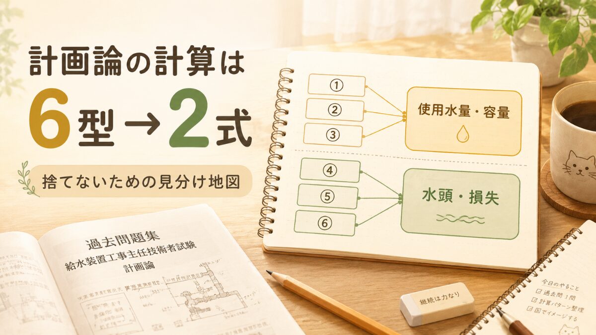 給水装置計画論の計算を6型から2式へ整理する見分け地図を、ノートとカードで表したアイキャッチ