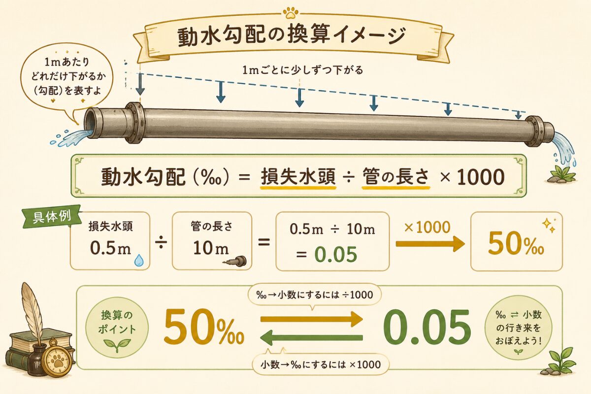 損失水頭0.5mを管長10mで割ると0.05となり、1000倍して50‰の動水勾配に換算する流れを示す図解