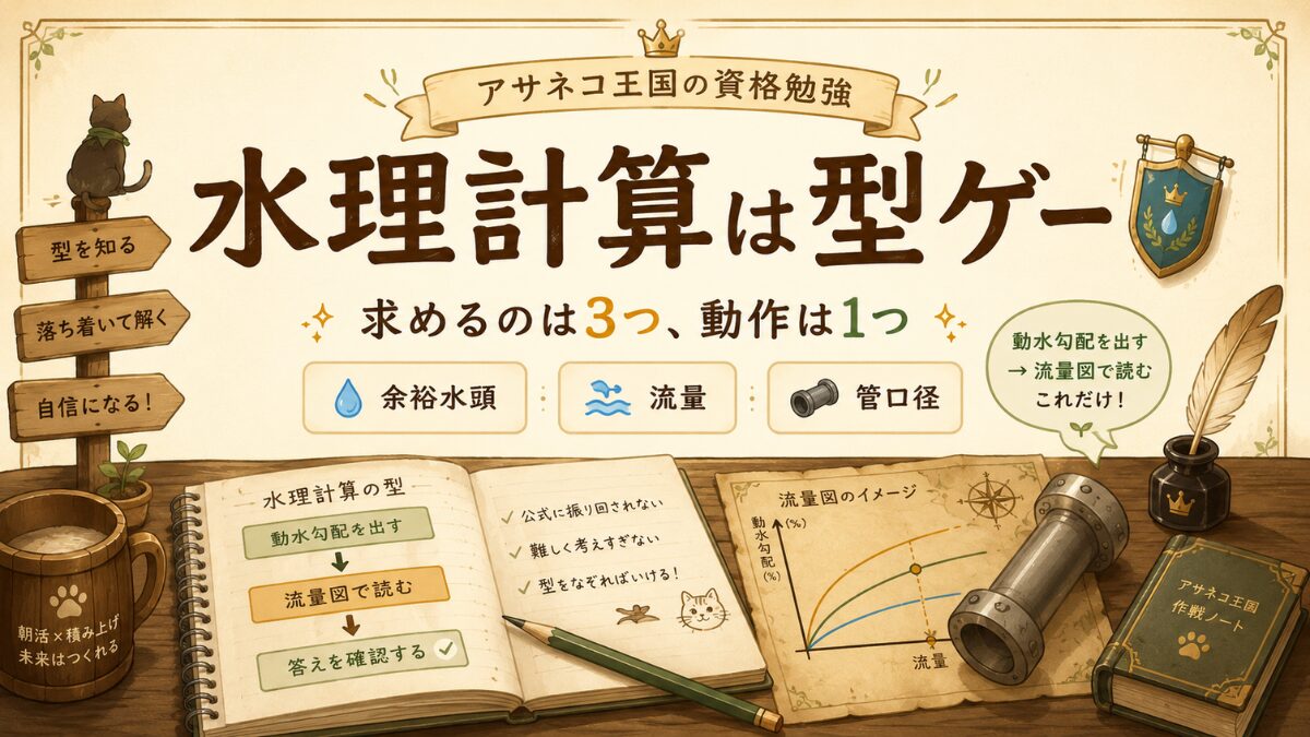 給水装置工事主任技術者の水理計算は余裕水頭・流量・管口径の3パターンを動水勾配と流量図の型で解けることを示すアイキャッチ