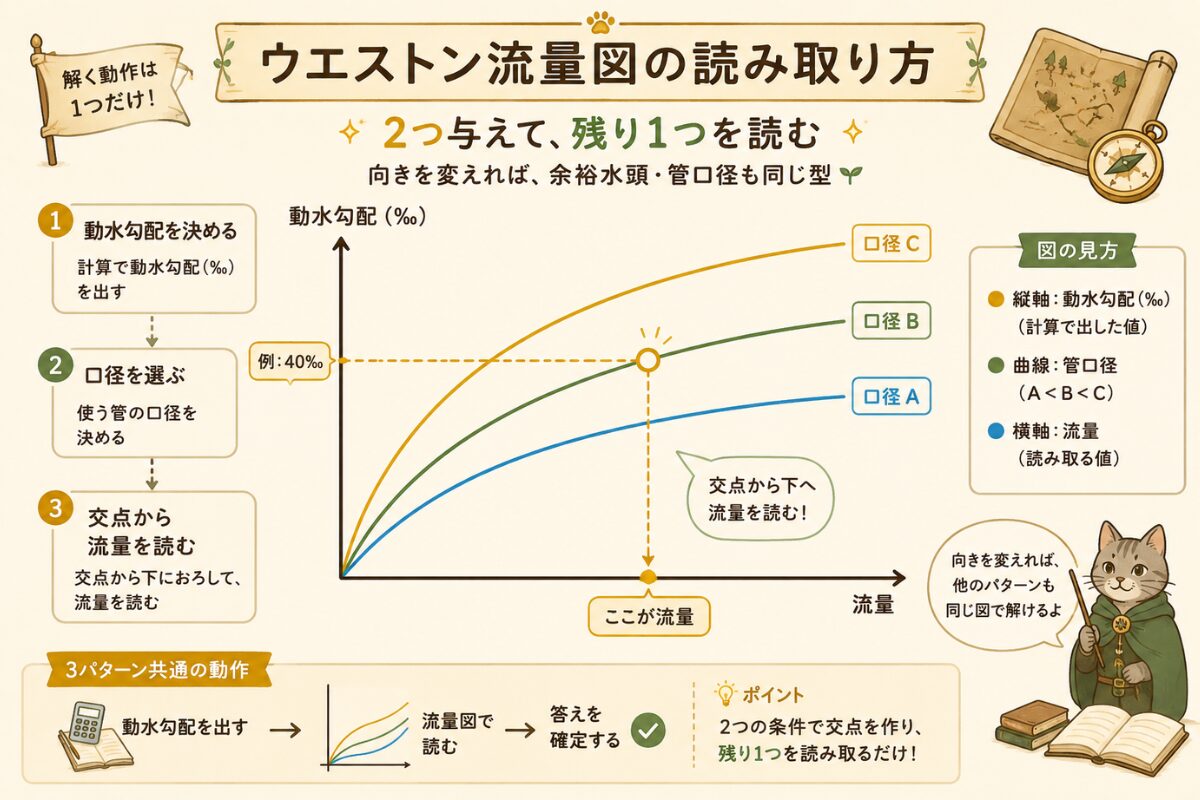 動水勾配と管口径の交点から流量を読み取るウエストン流量図の使い方を概念的に示す図解