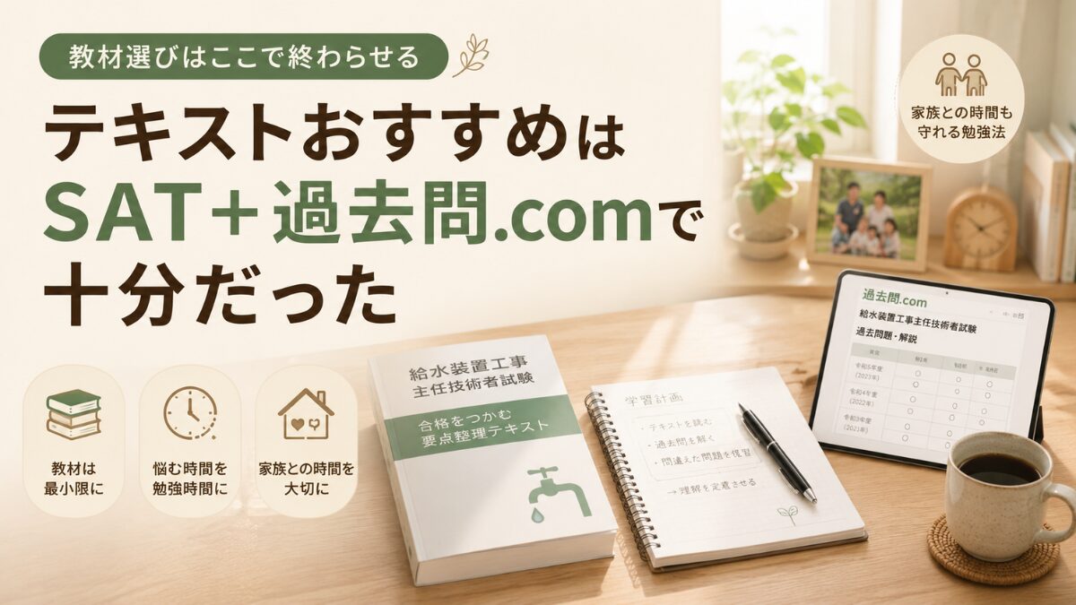 給水装置工事主任技術者の教材選びをSATと過去問.comで終わらせることを示したアイキャッチ。机の上にテキスト、ノート、タブレット、コーヒーが並び、限られた時間で落ち着いて勉強する様子。