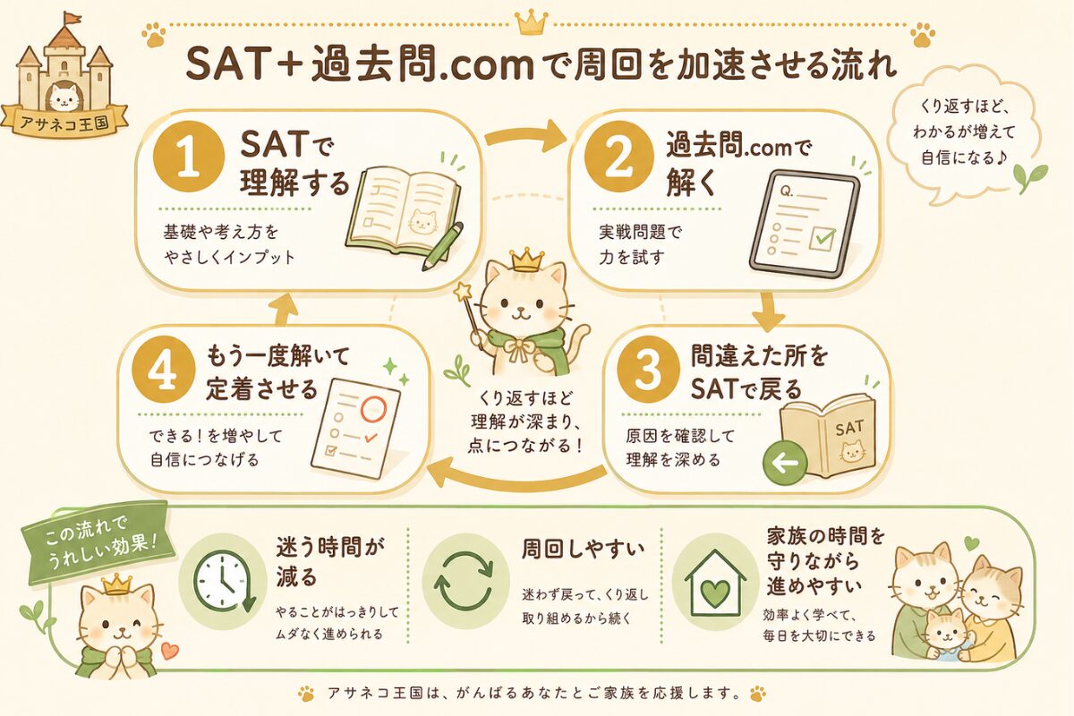 SATと過去問.comを使った学習の周回手順を示した図。SATで理解し、過去問.comで解き、間違えた所をSATで戻り、もう一度解いて定着させる流れ。