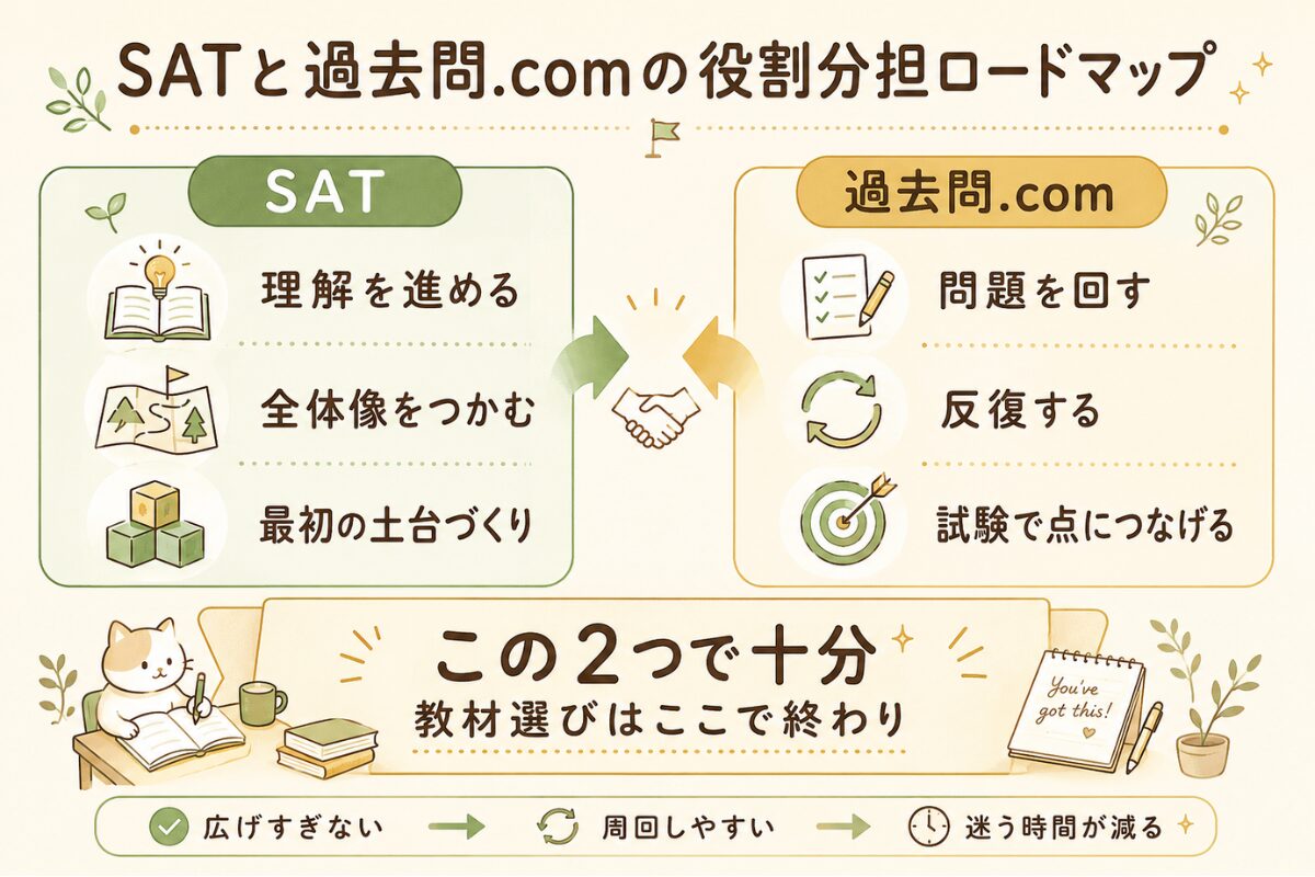 SATと過去問.comの役割分担を整理したロードマップ図。SATは理解を進める教材、過去問.comは問題演習と反復に使うものとして示されている。