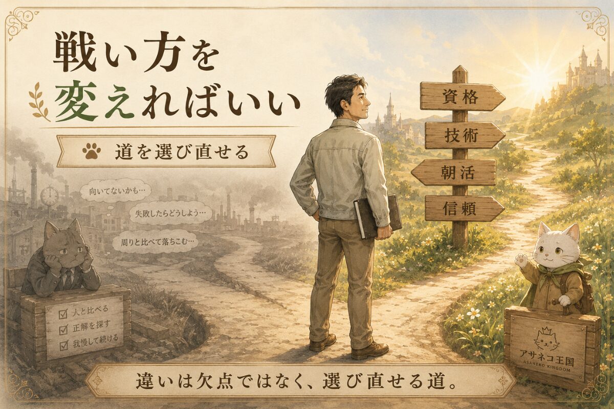 営業が向いていないと悩む男性が、資格・技術・朝活・信頼の道を選び直そうとしている分岐路の情景画像