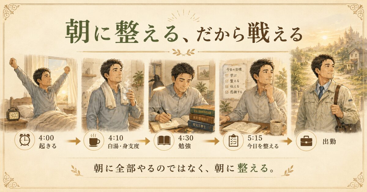 朝4時に起きて白湯・勉強・今日の整理を行い、整えてから出勤する朝活ルーティン図解