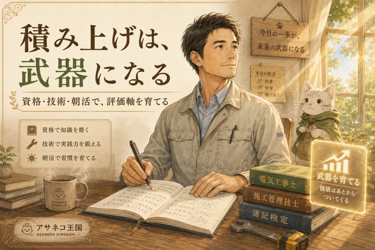 40代男性が朝の机で資格勉強をし、資格・技術・朝活で評価軸を育てている情景画像