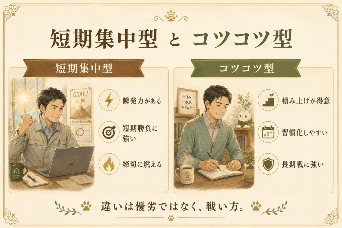 短期集中型とコツコツ型の違いを、営業が向いていない人向けに比較した図解