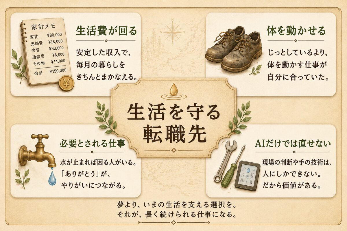 営業が向いていない人が生活費や働き方から水道業界を選んだ理由を整理した図解