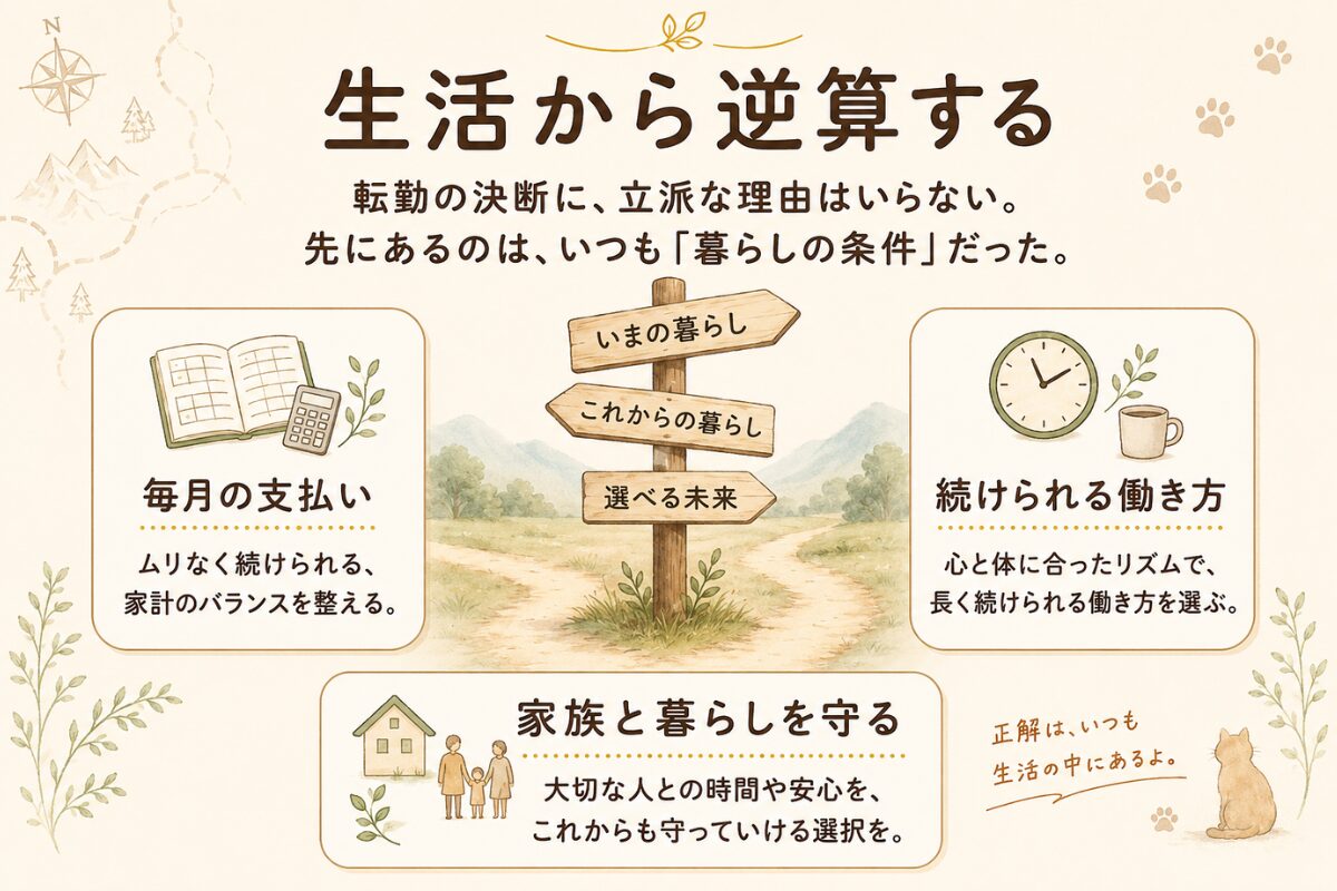 転職理由は立派でなくてもよく、生活から逆算して条件を選ぶことを示す図解