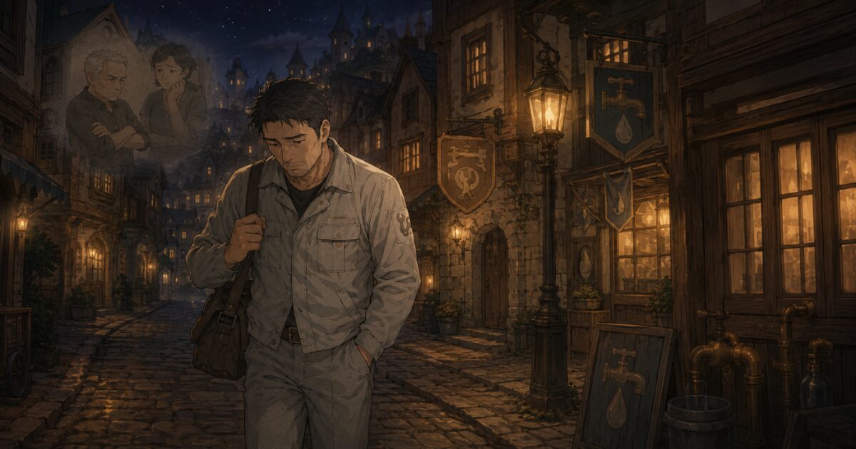強引な提案のあと罪悪感を抱え、夜道を一人で歩く作業員のイラスト