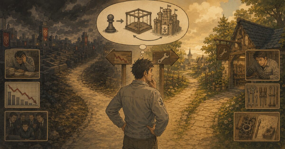 営業会社の土俵と技術を活かす土俵の分かれ道に立つ作業員の図解イラスト