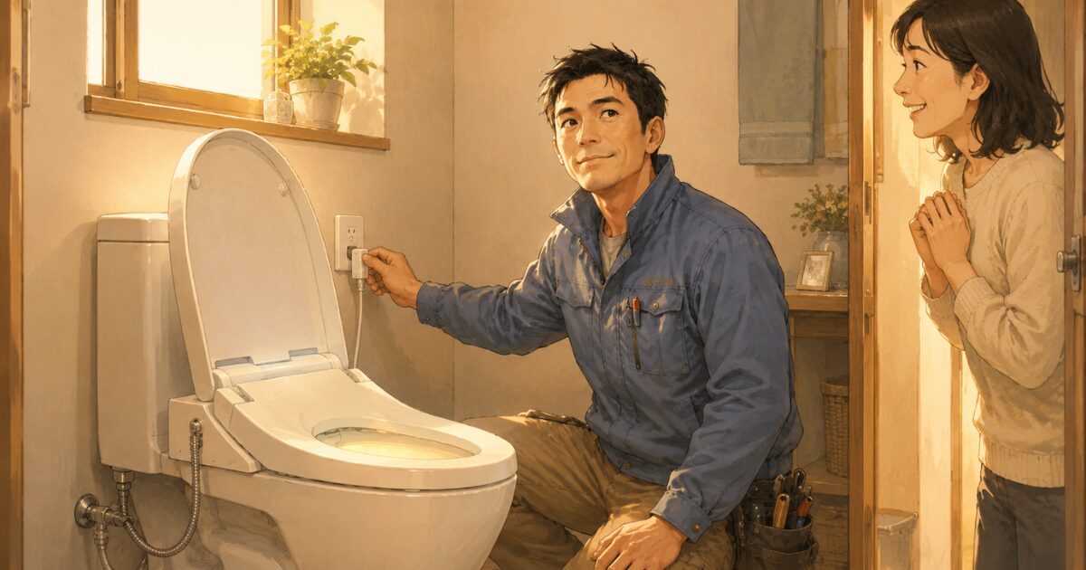 トイレ交換の現場で設備職人が電源を確認し、お客様が安心して見守るイラスト