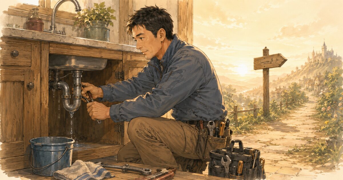 水漏れする配管を修理する設備職人と、一本の道だけが見える王国風のイラスト
