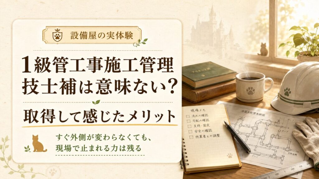 1級管工事施工管理技士補のメリットを、設備屋の実体験として静かに伝えるアイキャッチ画像