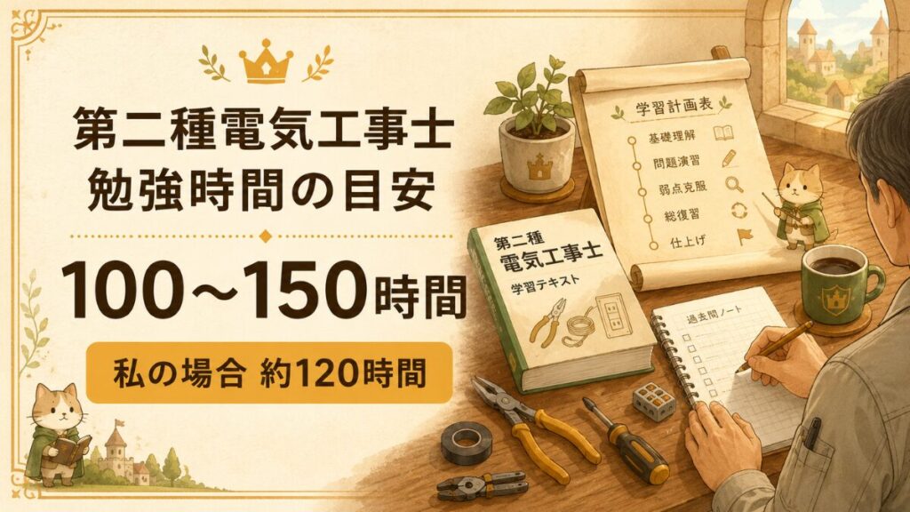 第二種電気工事士の勉強時間を朝活で設計する40代設備屋の王国風イラスト