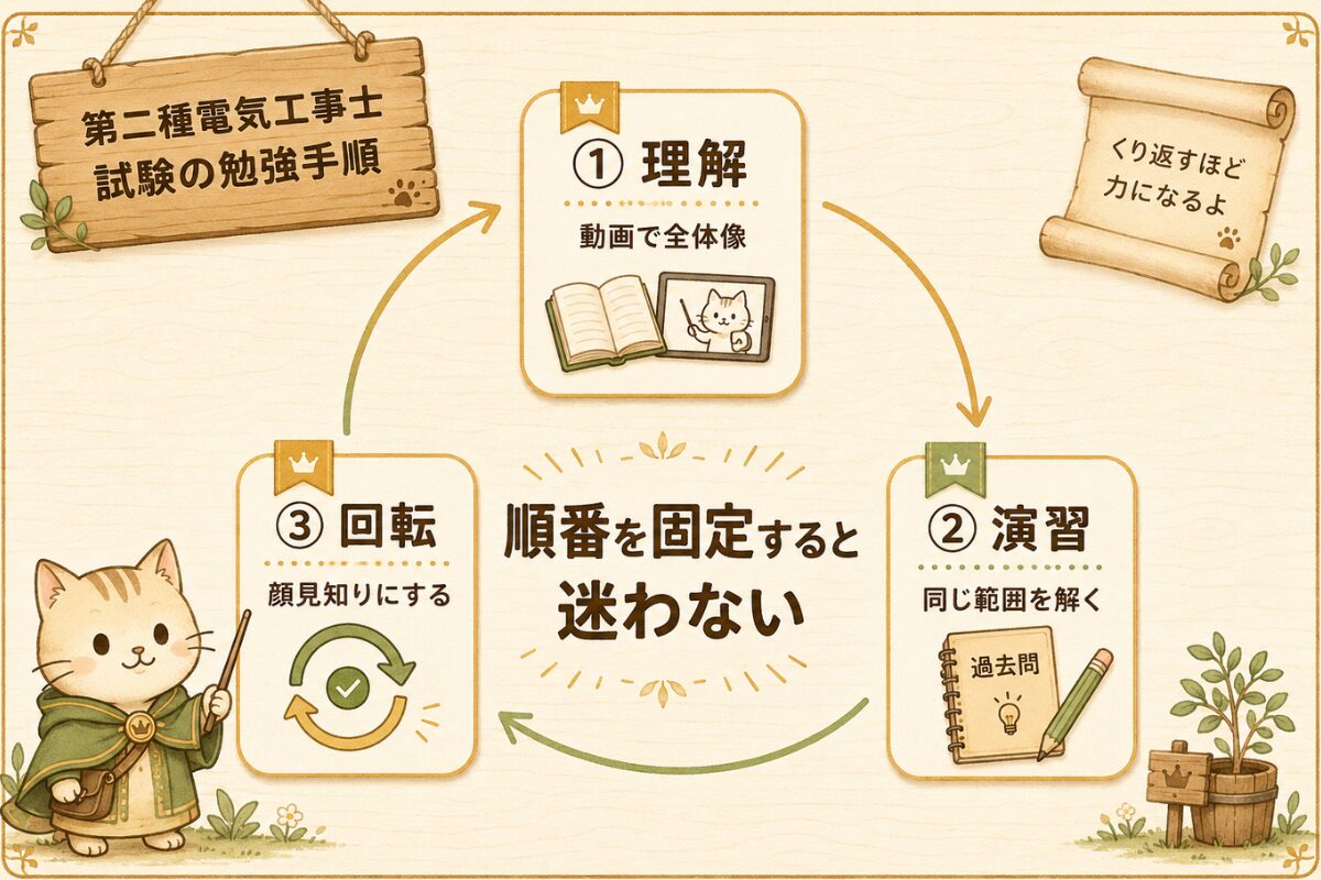 SATから過去問へ回転させる勉強手順を理解、演習、回転の3ステップで表した王国風図解