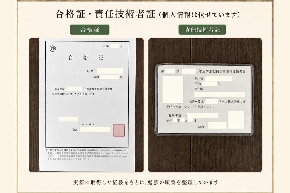 排水設備工事責任技術者の合格証と責任技術者証（個人情報を伏せた画像）