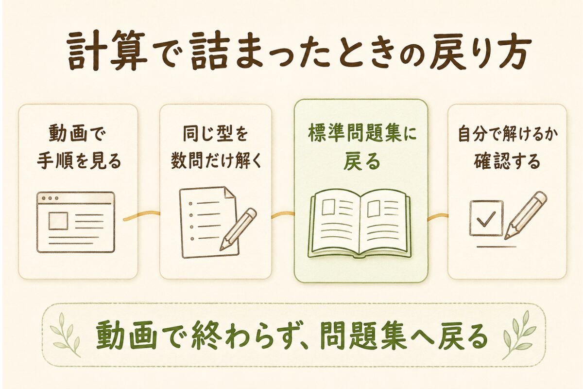 計算問題で詰まったときに、動画で手順を見て同じ型を数問解き、標準問題集へ戻って自分で解けるか確認する4段階の流れ