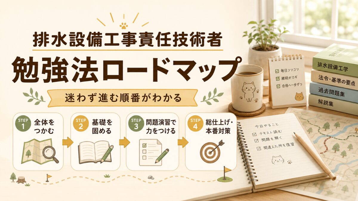 排水設備工事責任技術者の勉強法ロードマップを示すアイキャッチ画像