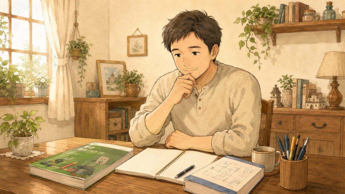 第二種電気工事士を取る価値を静かに考える40代男性の王国風イラスト