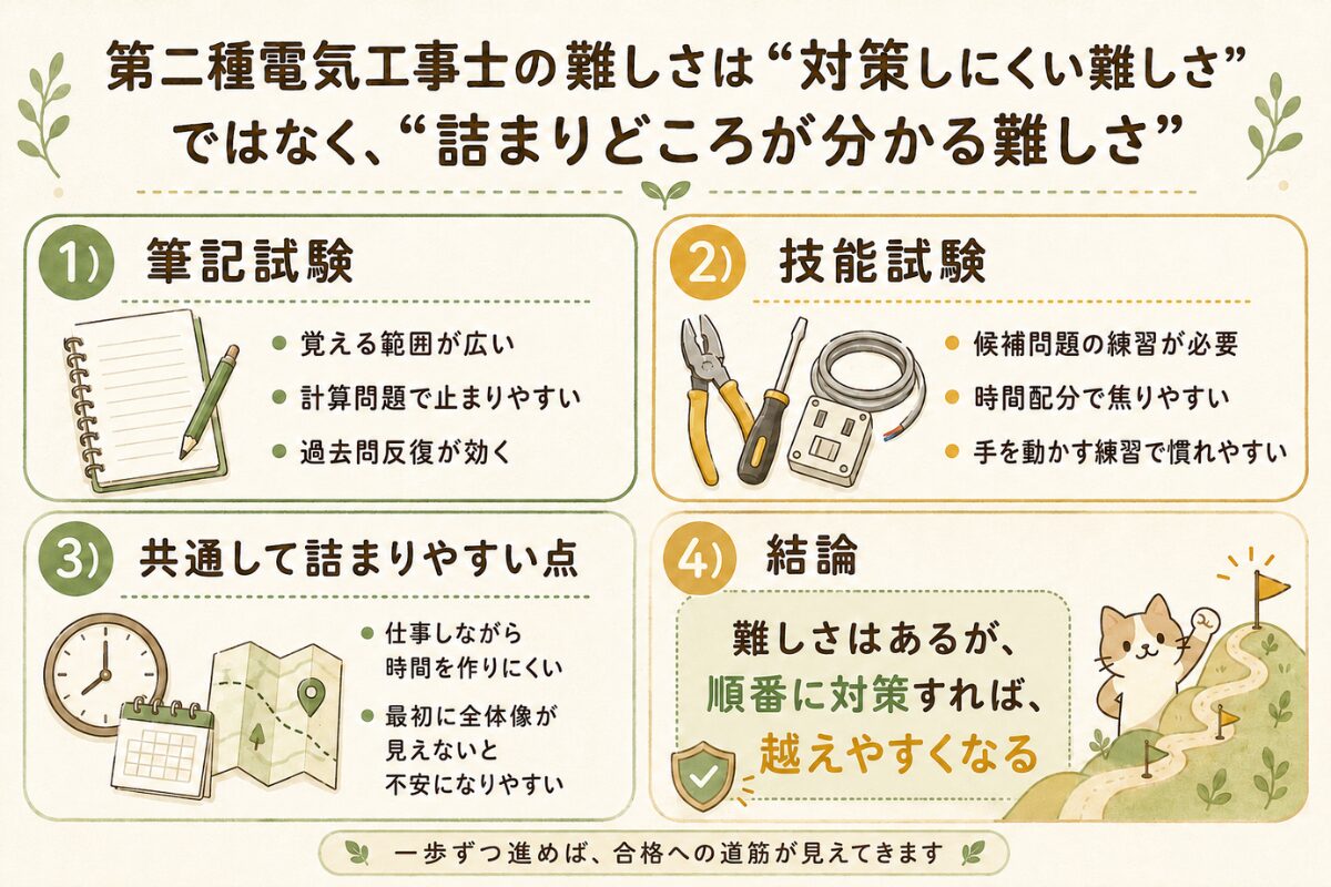 第二種電気工事士の難しさを筆記試験、技能試験、働きながらの共通の詰まりに分けて整理した図解