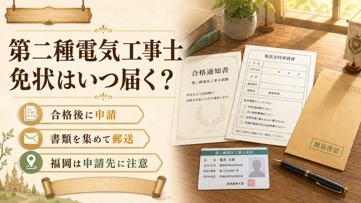第二種電気工事士の合格後、免状申請から到着までの流れをやさしく示す王国風アイキャッチ