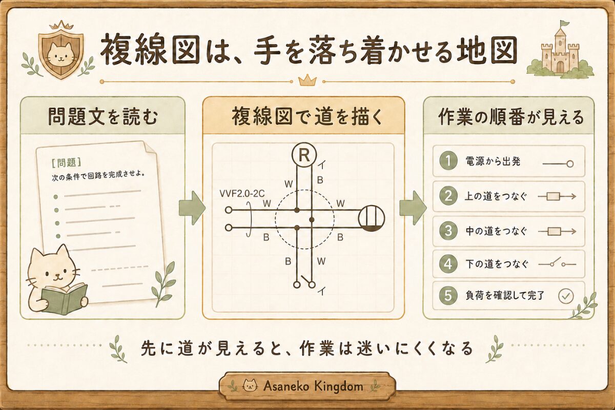 複線図を、器用さではなく手順を迷わず進めるための地図として整理した図解