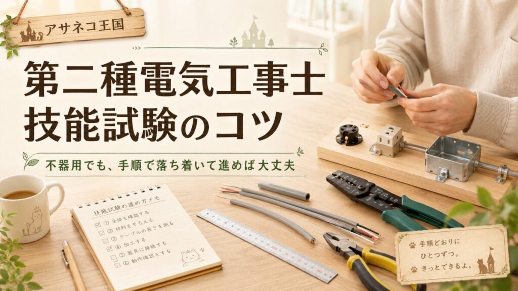 第二種電気工事士の技能試験に向けて、不器用でも手順で落ち着いて進めることを表現したアイキャッチ画像