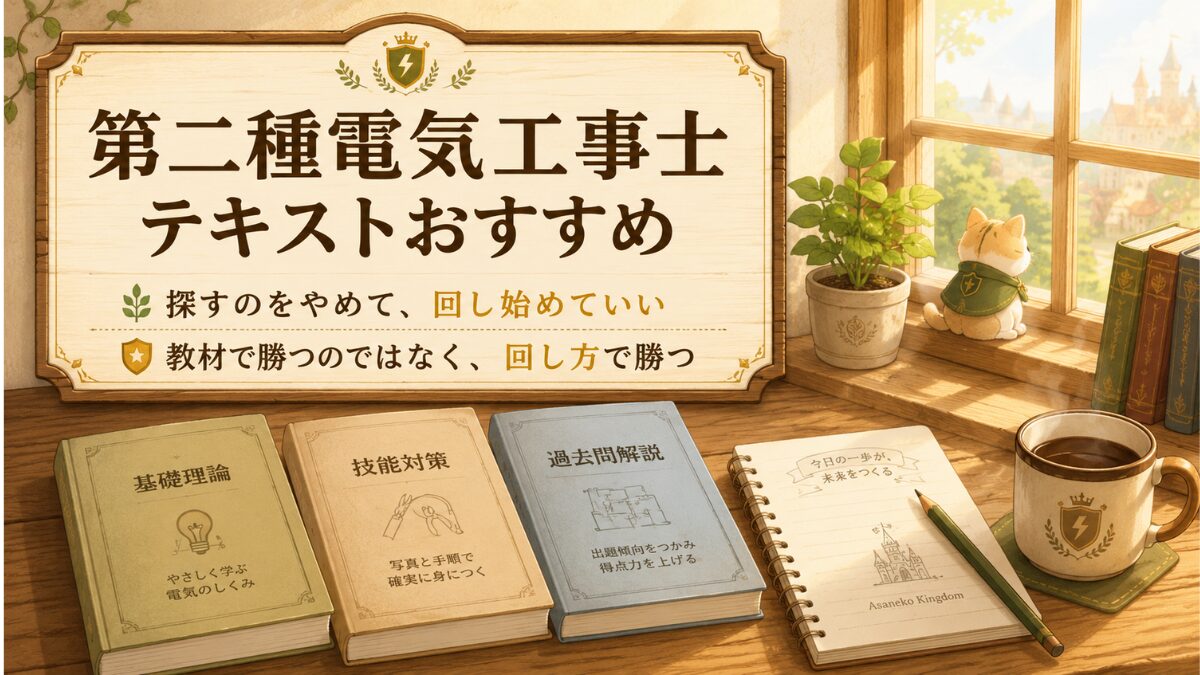 第二種電気工事士の教材選びで迷う人へ、教材で勝つのではなく回し方で勝つと伝える王国風アイキャッチ
