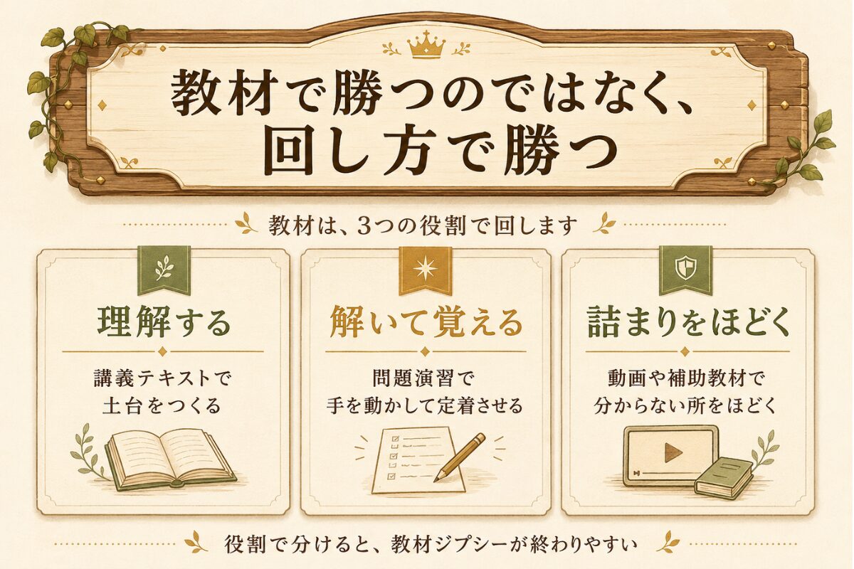 教材で勝つのではなく回し方で勝つという考え方を、理解する・解いて覚える・詰まりをほどくの3役割で示した図解