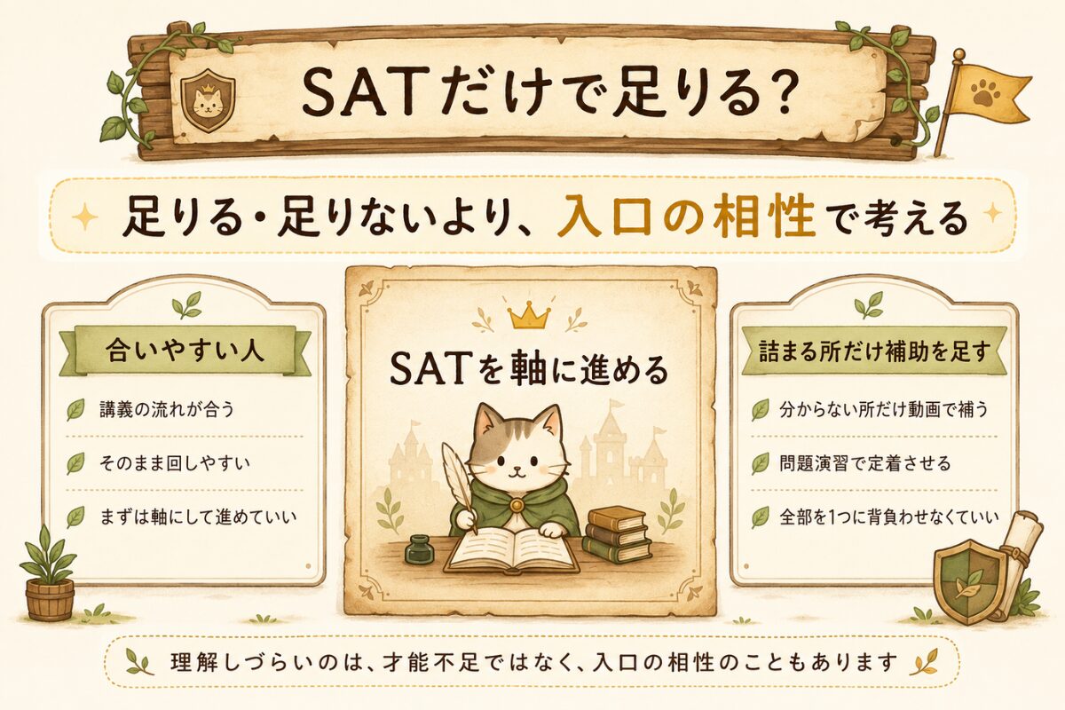 SATを軸に進めながら、分からない所だけ動画や問題演習で補う考え方を示した図解