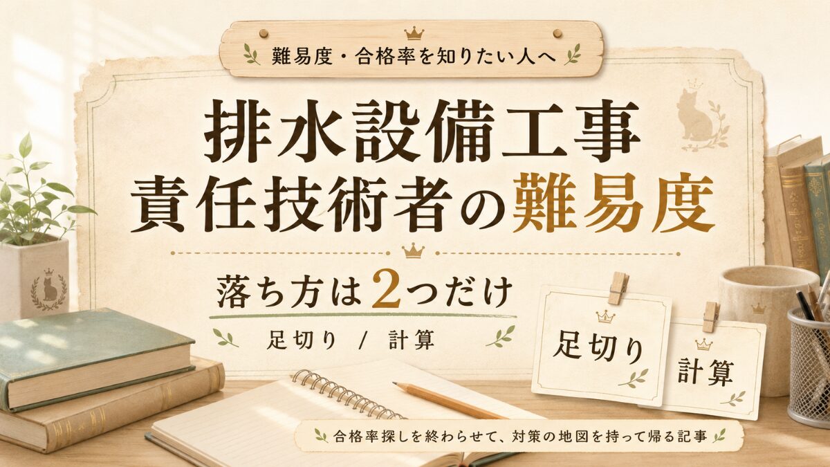 排水設備工事責任技術者の難易度を、足切りと計算の2点で整理して示すアイキャッチ画像