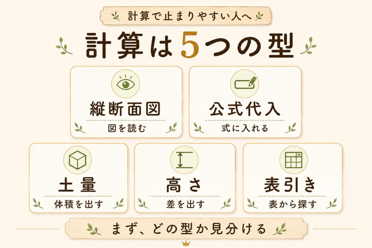 排水設備工事責任技術者の計算問題を、縦断面図・公式代入・土量・高さ・表引きの5つの型に整理した図解