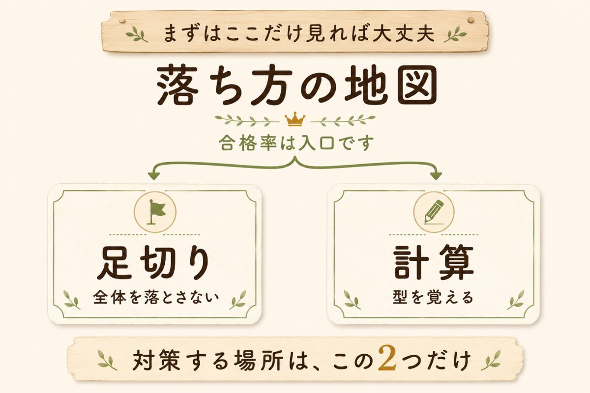 排水設備工事責任技術者の落ち方を、足切りと計算の2つに整理した図解