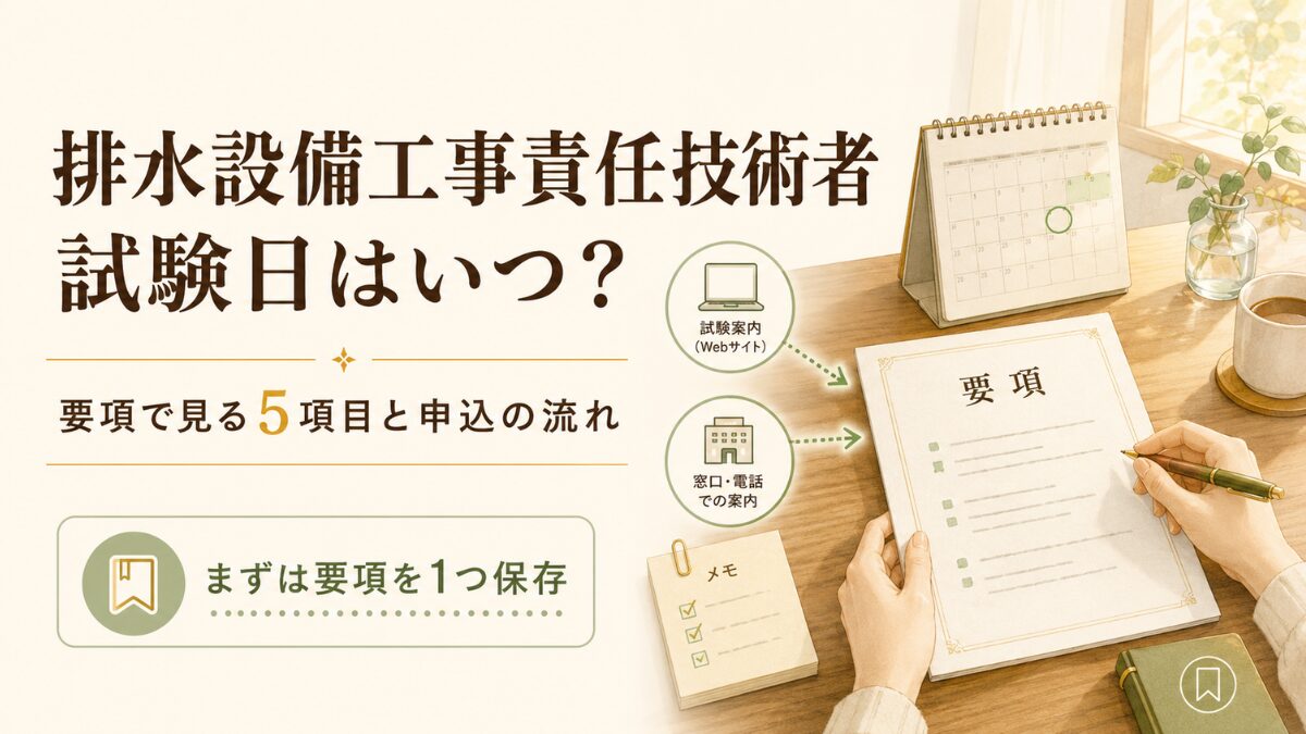 排水設備工事責任技術者の試験日記事のアイキャッチ。要項を見れば試験日と申込の流れを整理できることを、落ち着いた机上イラストと見出しで示している。