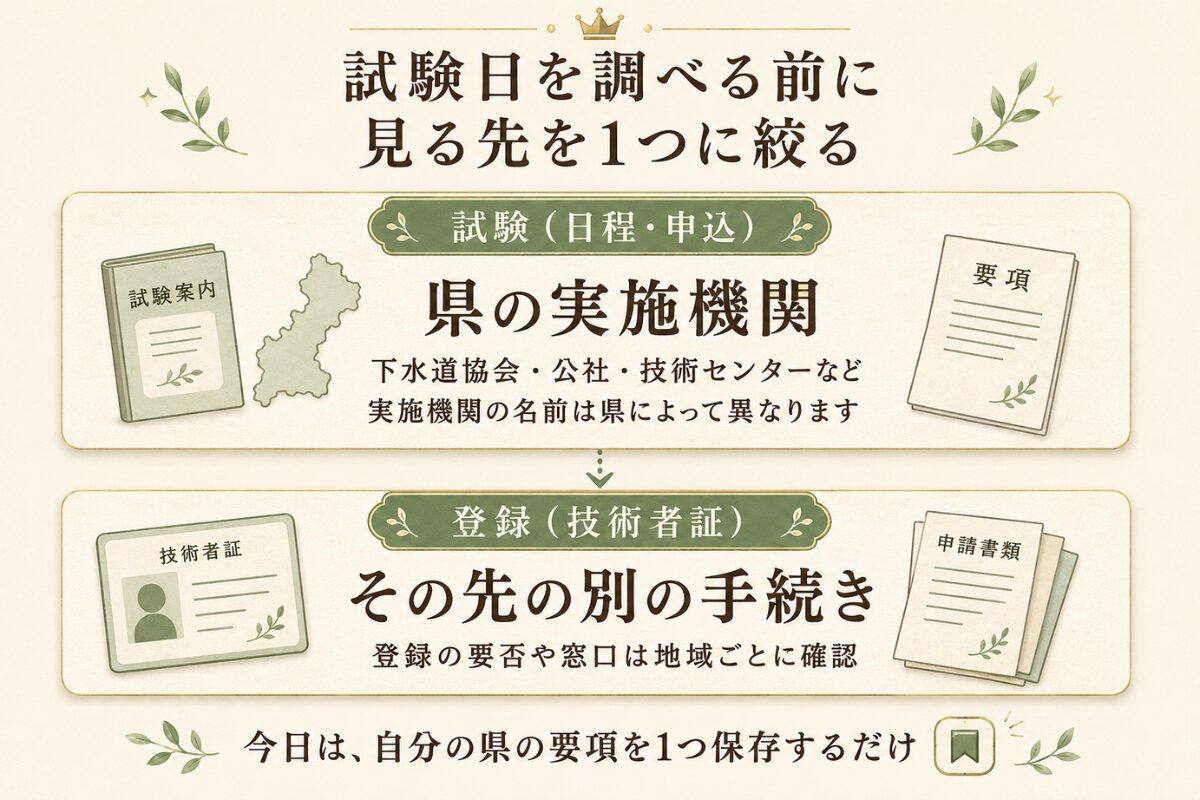 試験日を調べる前の整理。試験は県ごとに実施され、登録はその先の別の手続きであること、今日は自分の県の要項を保存するだけでよいことを示した図