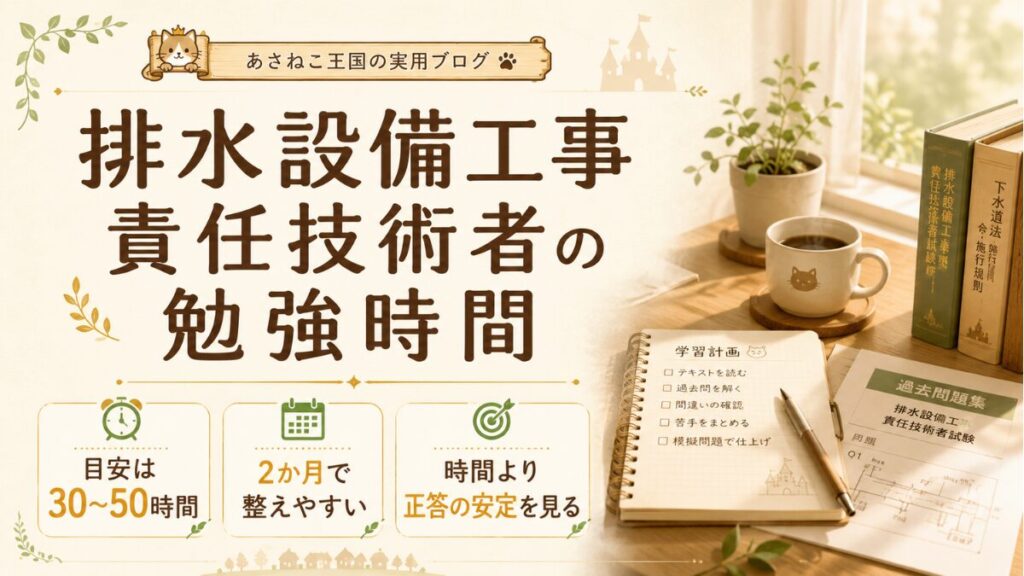 排水設備工事責任技術者の勉強時間の目安と、2か月の進め方をやさしく示したアイキャッチ画像