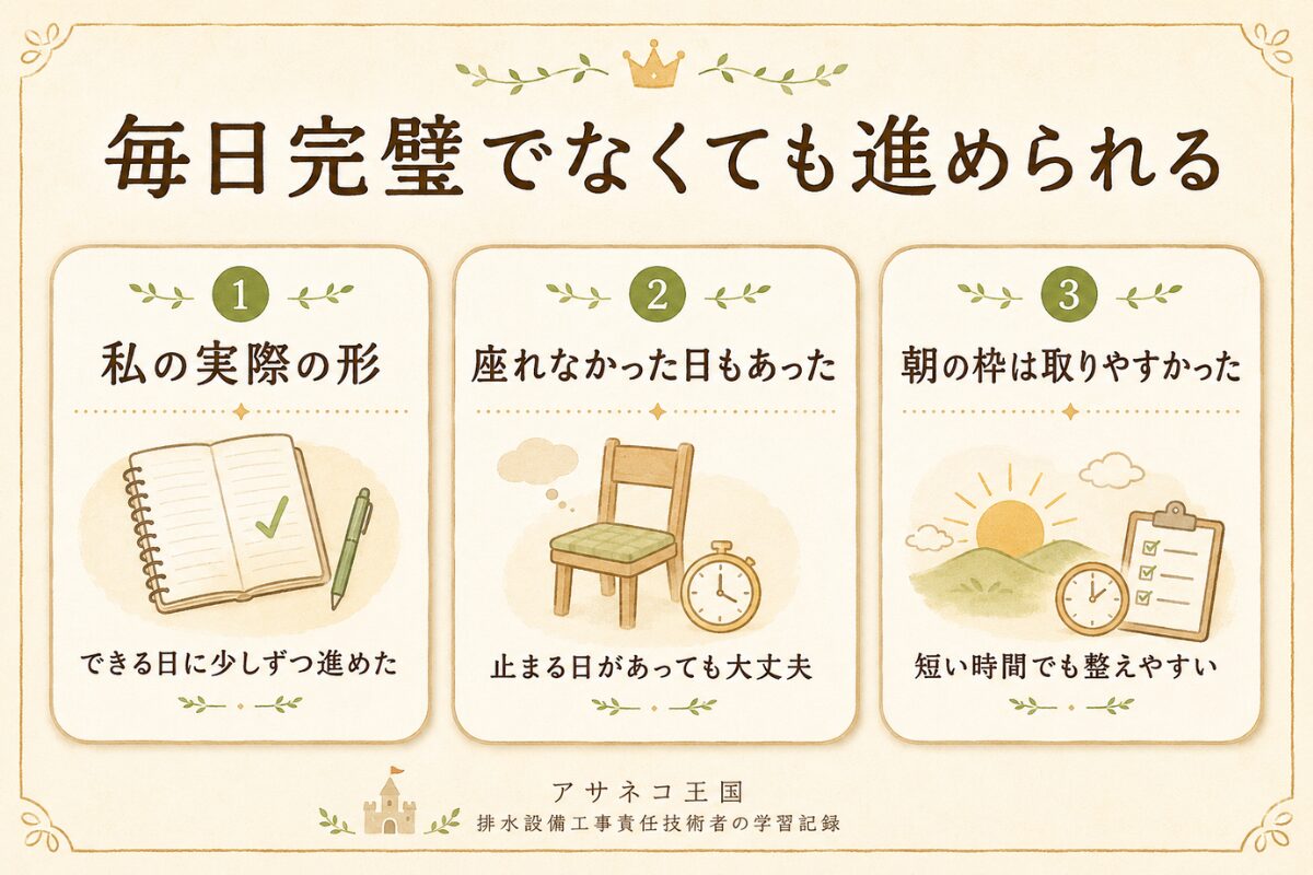 毎日完璧に座れなくても、できる日に進め、座れない日は休み、仕事に押し出されにくい朝の枠を使う考え方を示した図