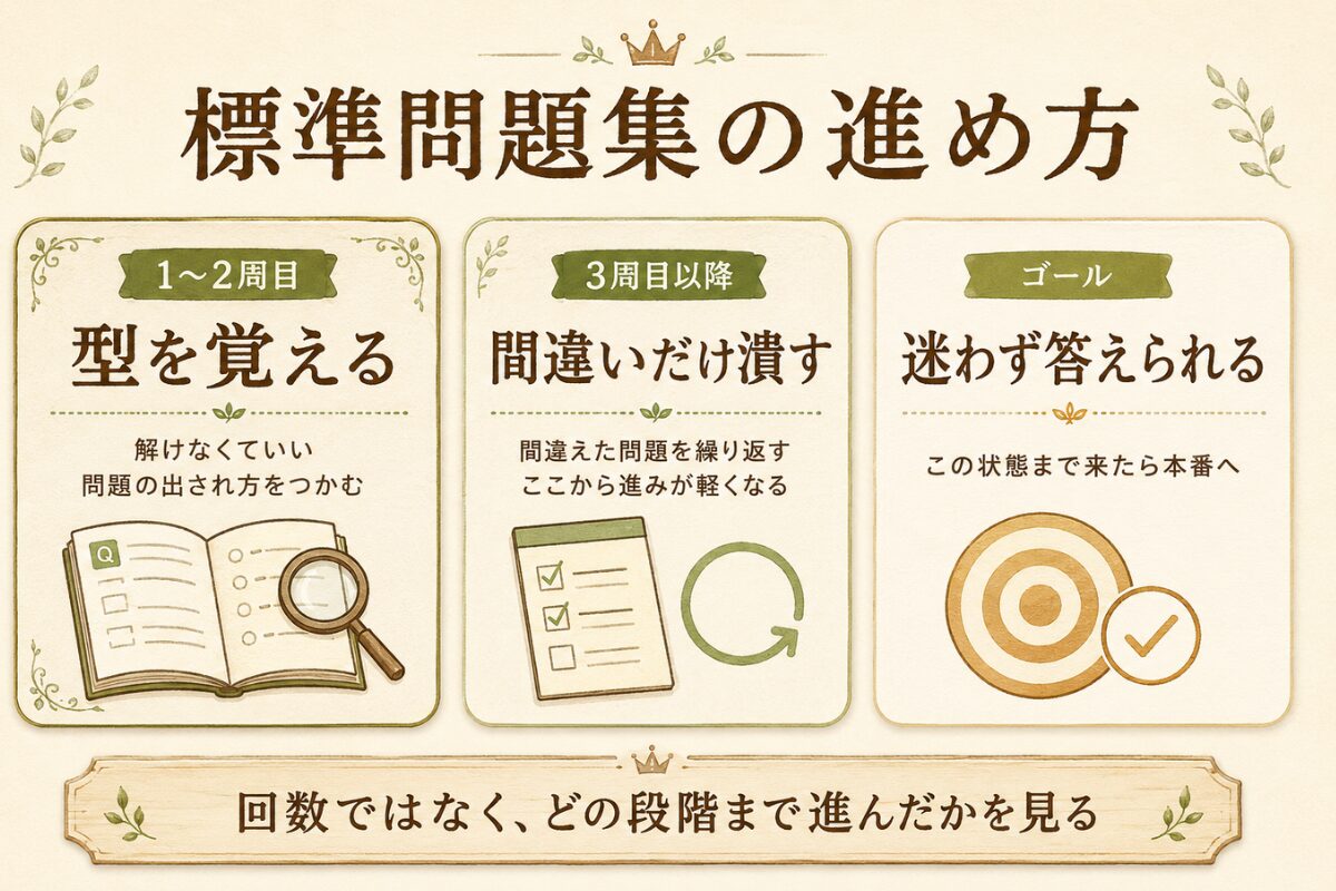 標準問題集の進め方を3段階で示した図。1〜2周目は型を覚え、3周目以降は間違いだけを潰し、最後は迷わず答えられる状態を目指す。