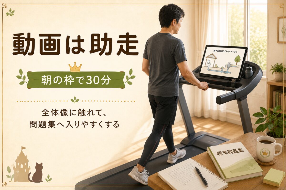 歩きながら動画学習を助走として使い、問題集に入りやすくする流れを示した図。朝の枠で30分ほど動画を見て、問題集への抵抗を下げる。