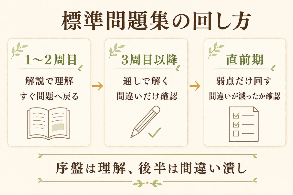 標準問題集を1〜2周目は解説から理解し、3周目以降は間違いを確認し、直前期は弱点だけ回す学習フロー