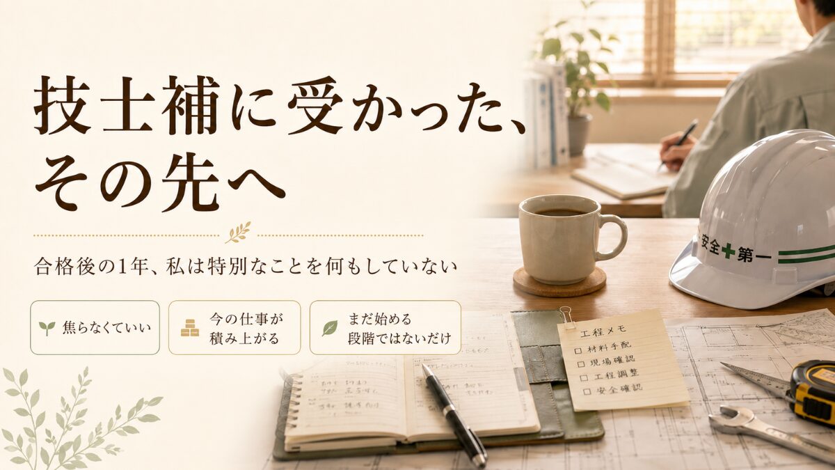 合格後に焦らず日常へ戻る空気を表した、施工管理の机まわりのヒーロー画像