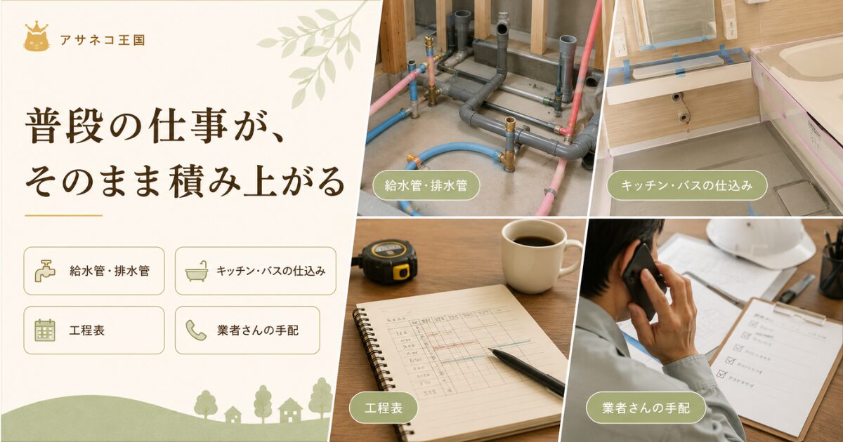 給排水管の作業や設備の仕込み、工程表、業者手配など普段の現場仕事を表した画像