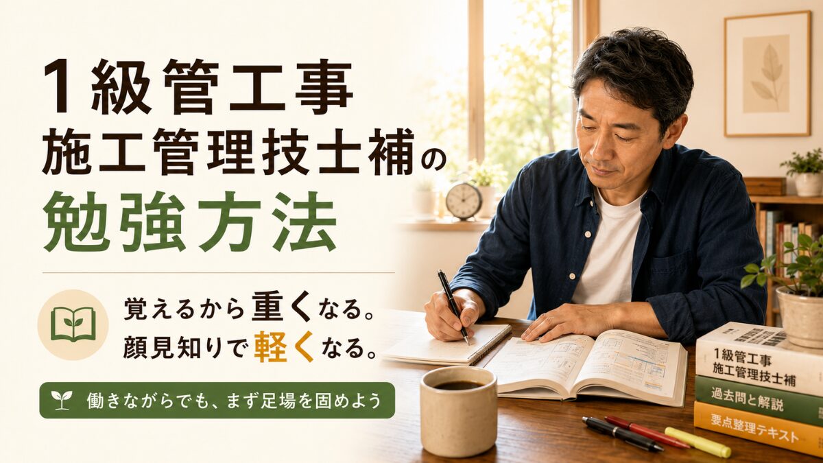 早朝の机で過去問を開き、1級管工事施工管理技士補の勉強を進める男性。覚えるより顔見知りになる勉強方法を表している